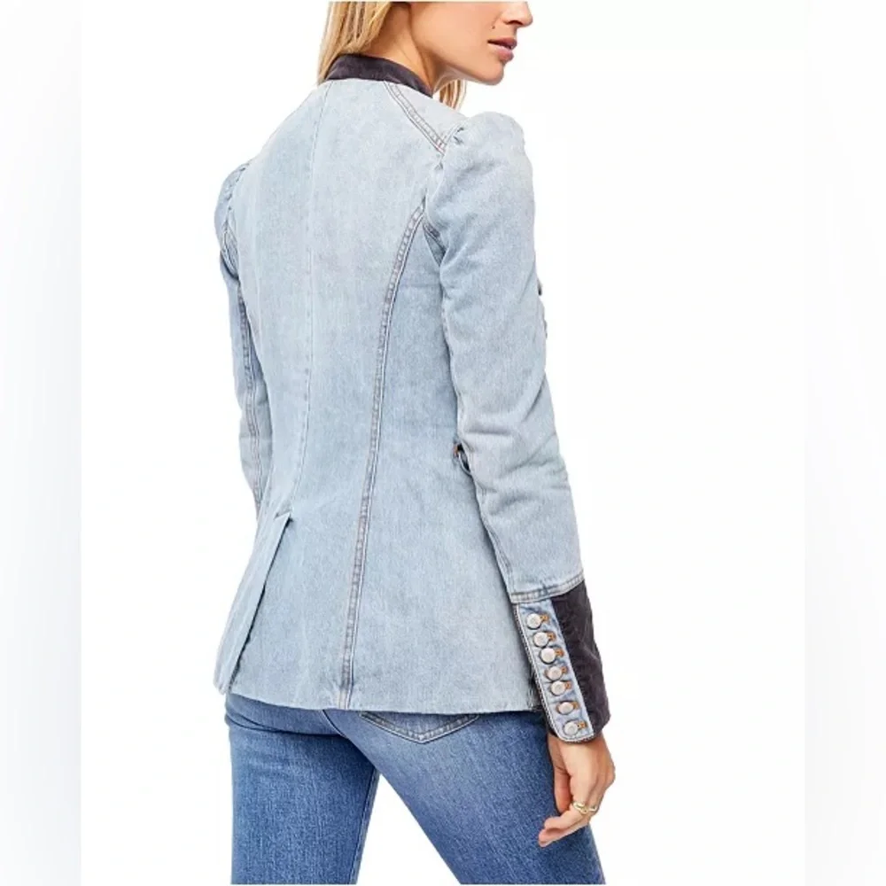 Free People Light Blue Denim Military-Style Jacket with Dark Charcoal Trim - Picture 4 of 6